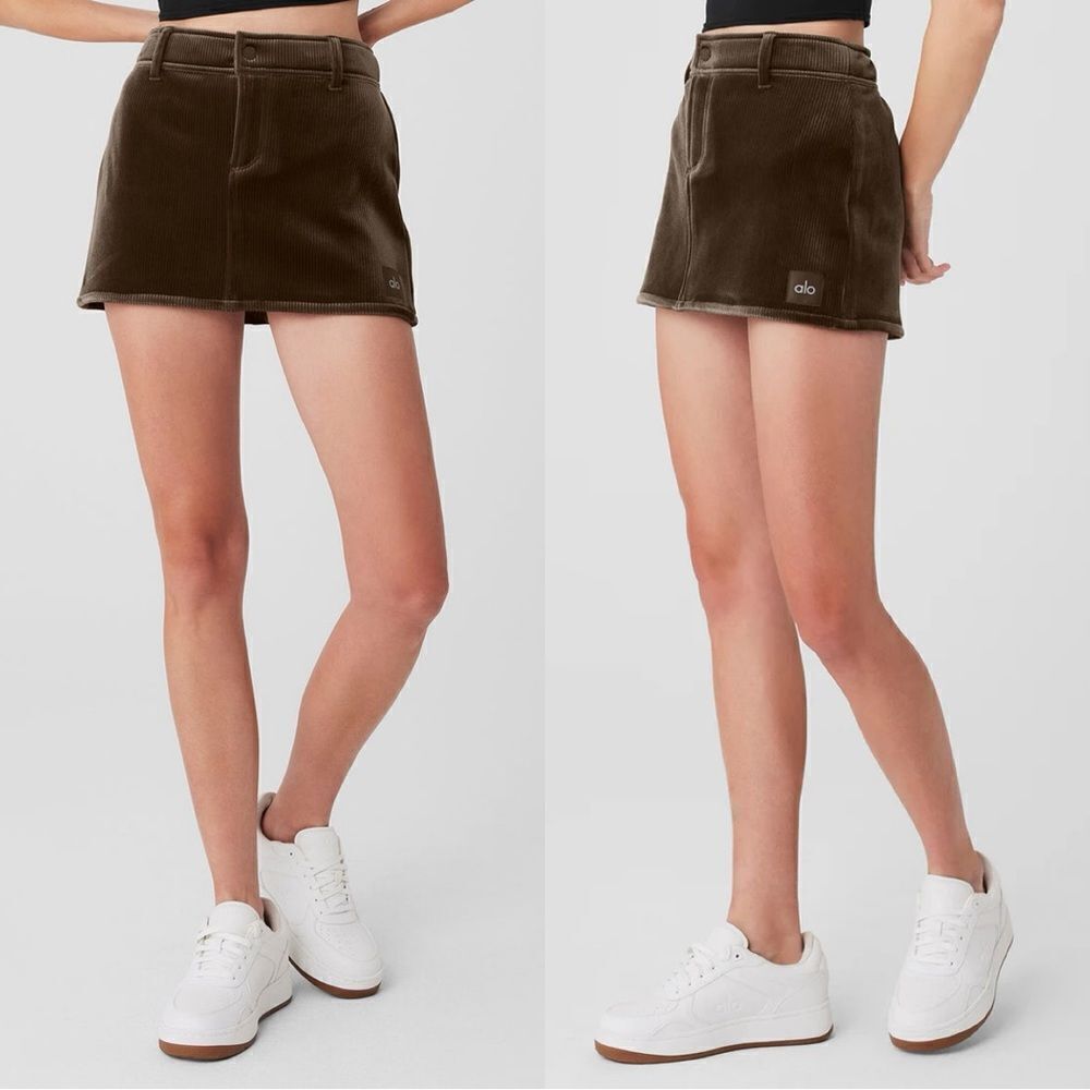 NEW ALO Ribbed Velour Baller Mini Skirt in Macchiato